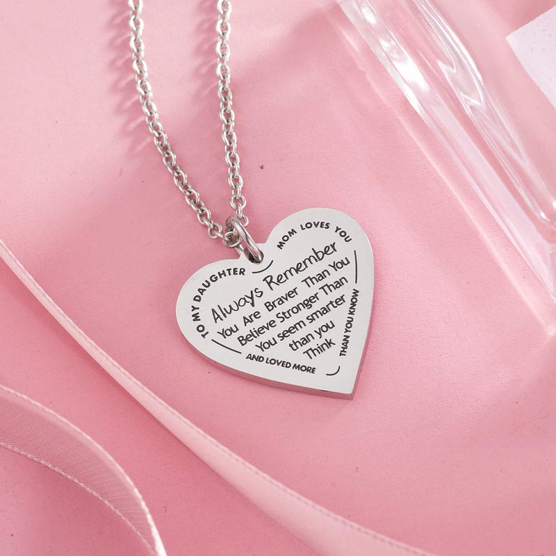 Haoflower Daughter Heart Pendant Necklace You are Braver Than You Believe Engraved Motivational Message Stainless Steel Jewelry Gifts from Mom Dad (to My daugher - Mom Loves You) - Image 2